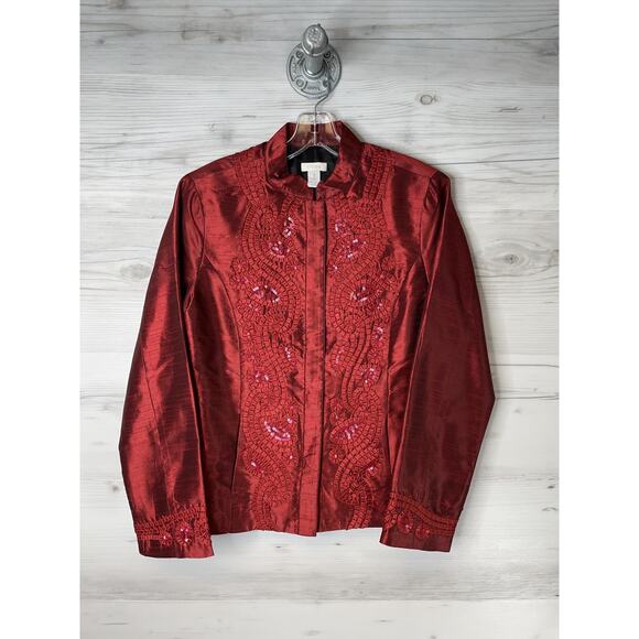 Chicos Jacket Womens Size 1 Red Embroidered Sequin Dressy Evening Blazer - Picture 1 of 8